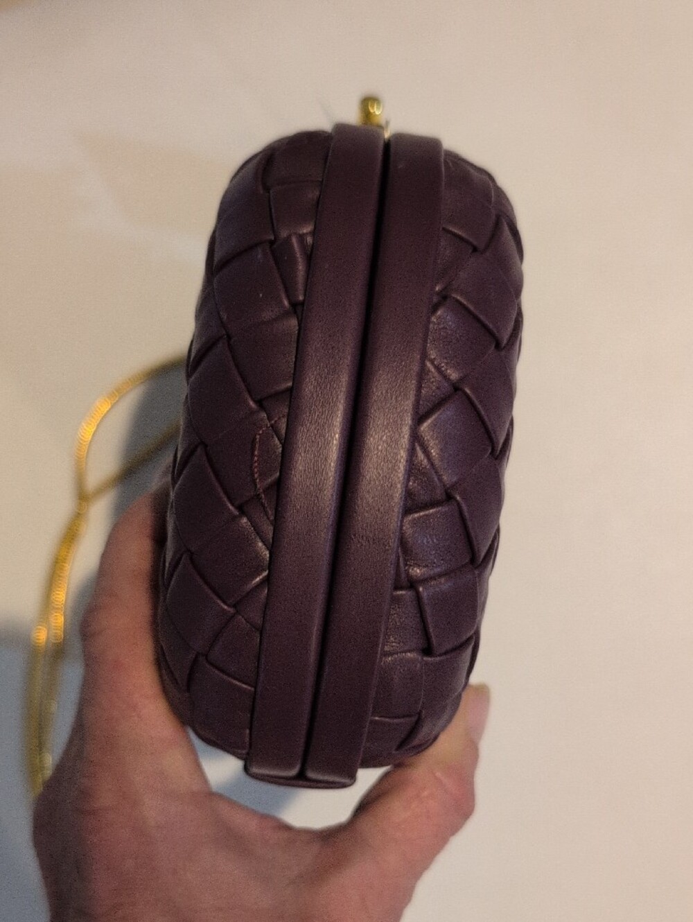 Woven Leather Purple Crossbody Clutch with Gold Chain - Picture 7 of 16